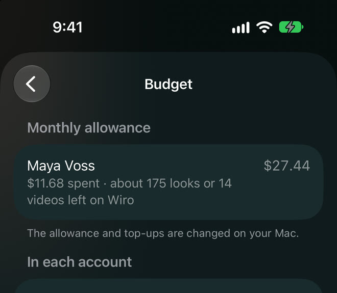The Budget screen: $11.68 spent of Maya's monthly allowance, about 175 looks or 14 videos left