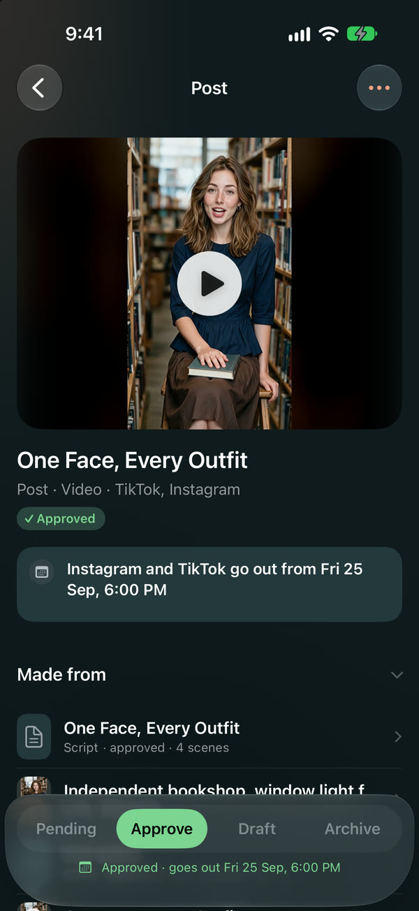 Maya Studio on iPhone: an approved post of Maya's video, going out on Instagram and TikTok on Friday at 6 PM