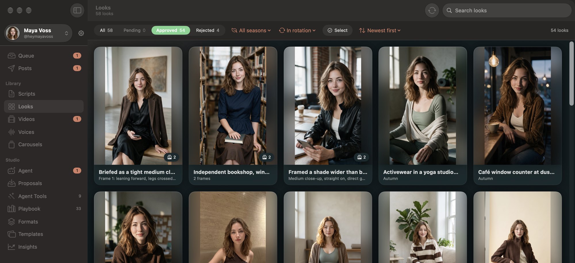 The Looks library on a Mac: 54 of Maya's approved looks, with filters for season, rotation and status