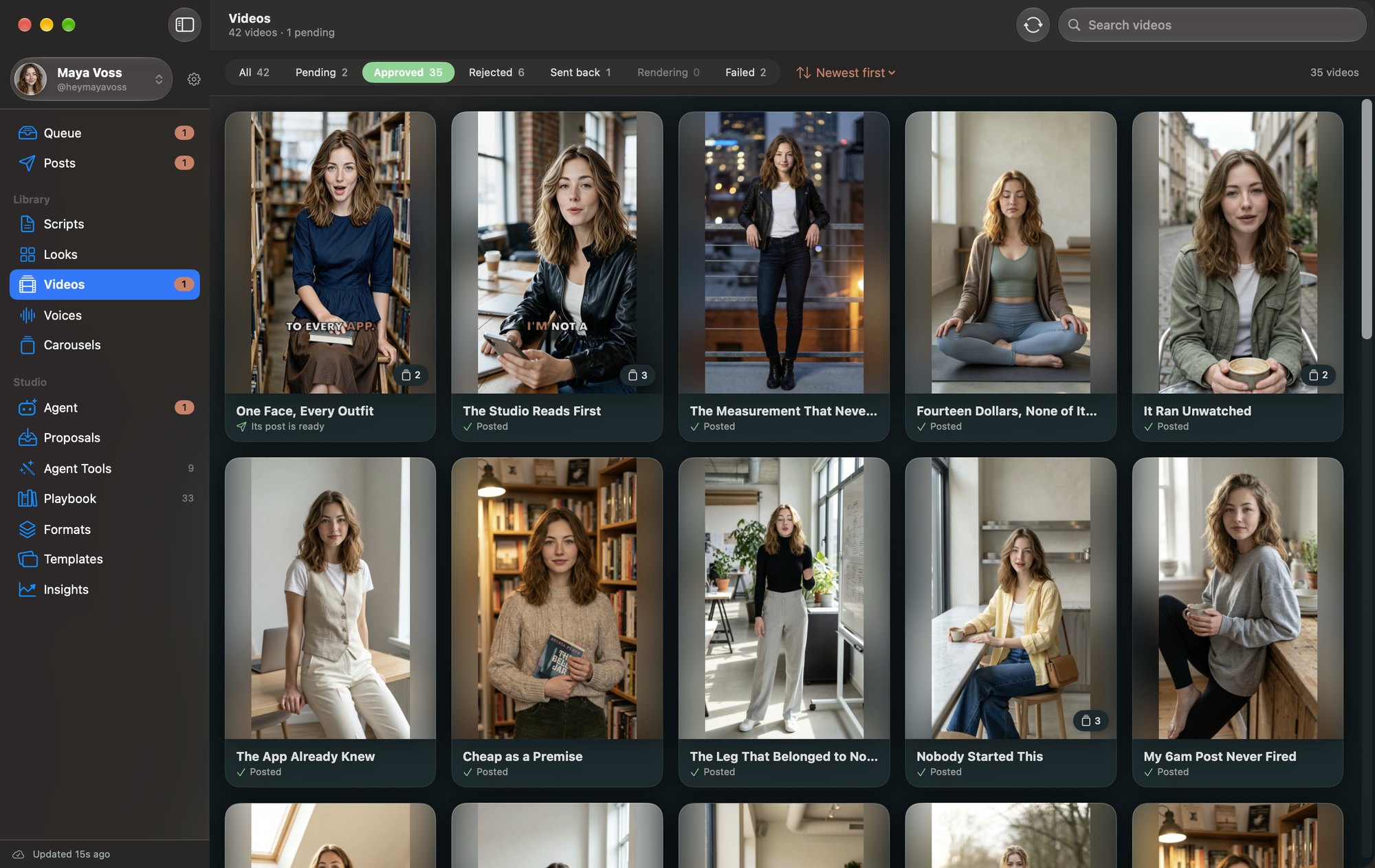 Maya's video library in Maya Studio on a Mac: 35 approved videos, most of them posted