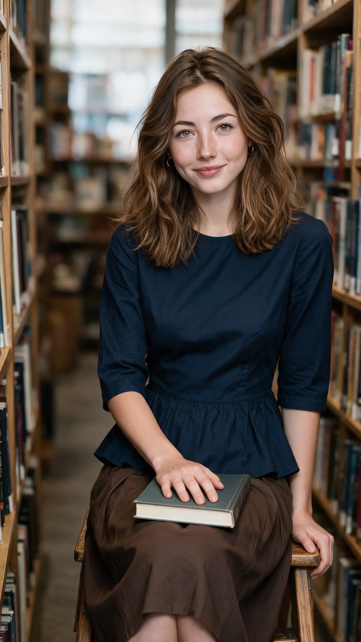 Maya in a bookshop, in a navy blouse with a book on her lap, one of her looks