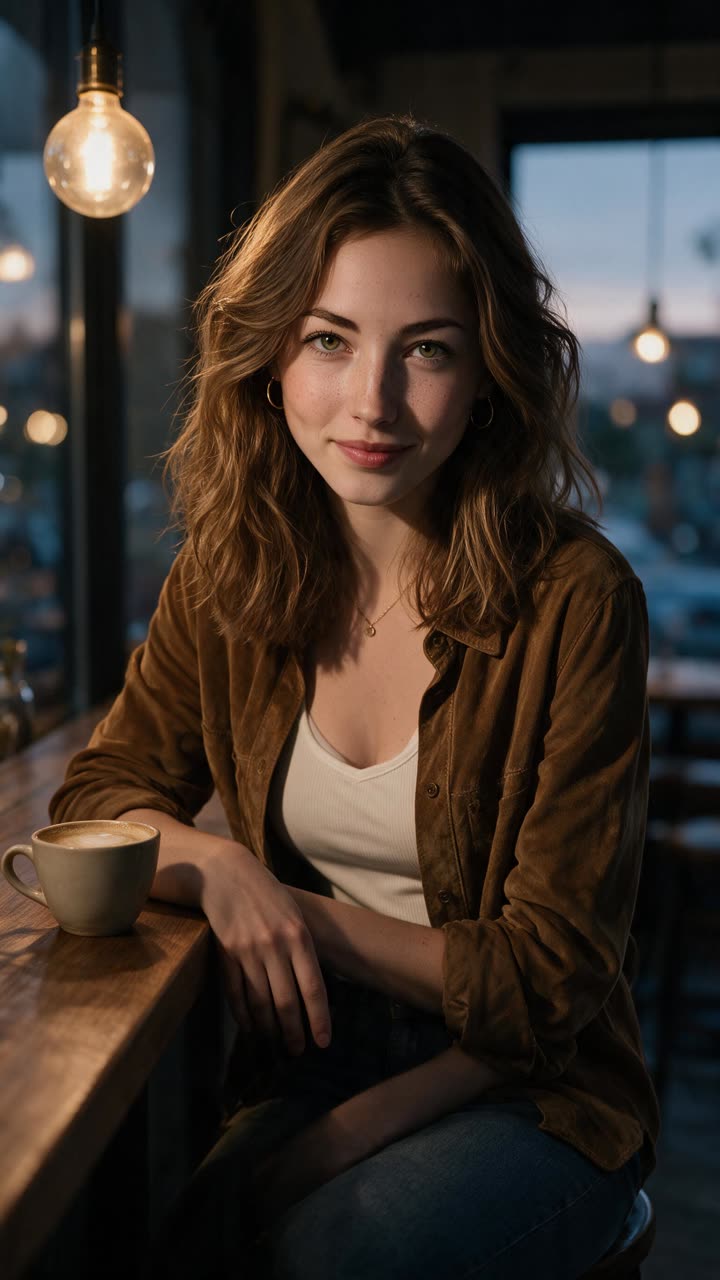 Maya in a suede overshirt at a café window, one of her newest looks